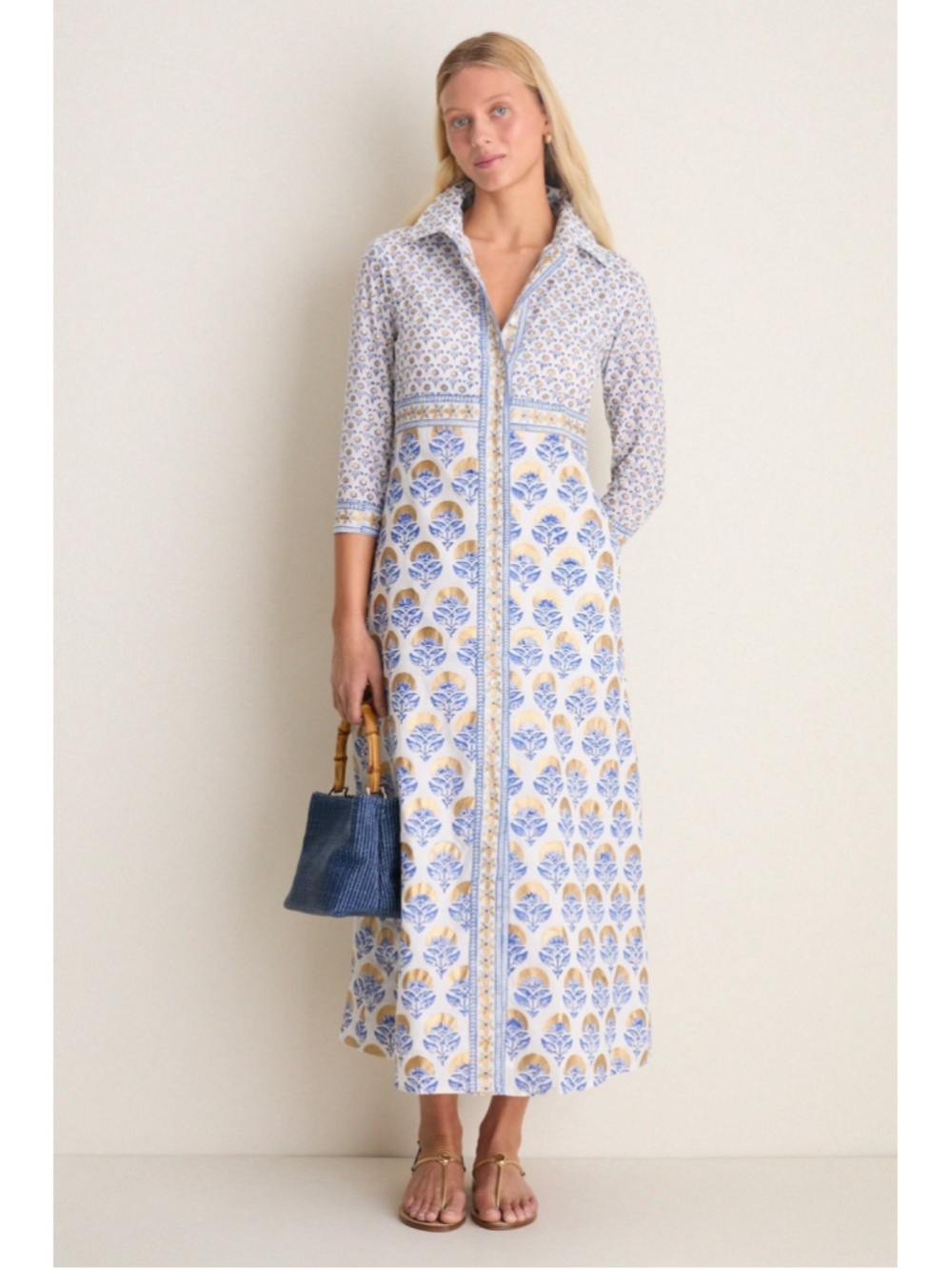 New Oliphant Arbor Blue Maxi Shirt Dress XS Timeless Elegant Pockets Lightweight